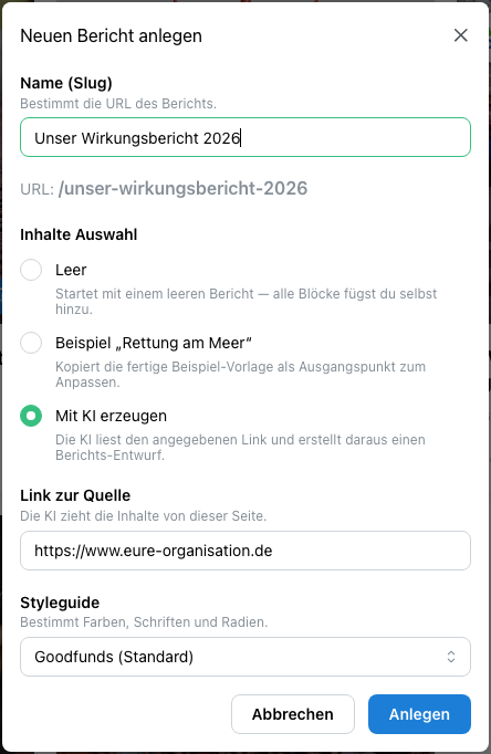 Dialog „Neuen Bericht anlegen“ mit ausgewählter Option „Mit KI erzeugen“ und Link-Feld (Prototyp)