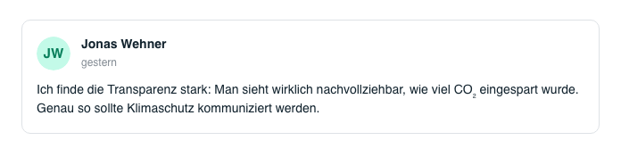 Kommentar aus der Community eines Wirkungsberichts: Lob für die nachvollziehbare Transparenz (Beispielbericht)