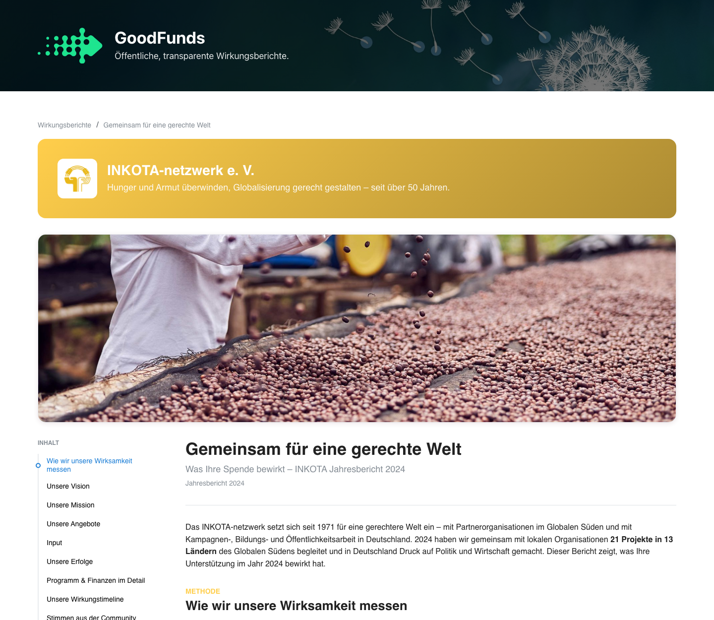 Kopfbereich eines GoodFunds-Wirkungsberichts mit Titelbild und Inhaltsverzeichnis (Beispielbericht)