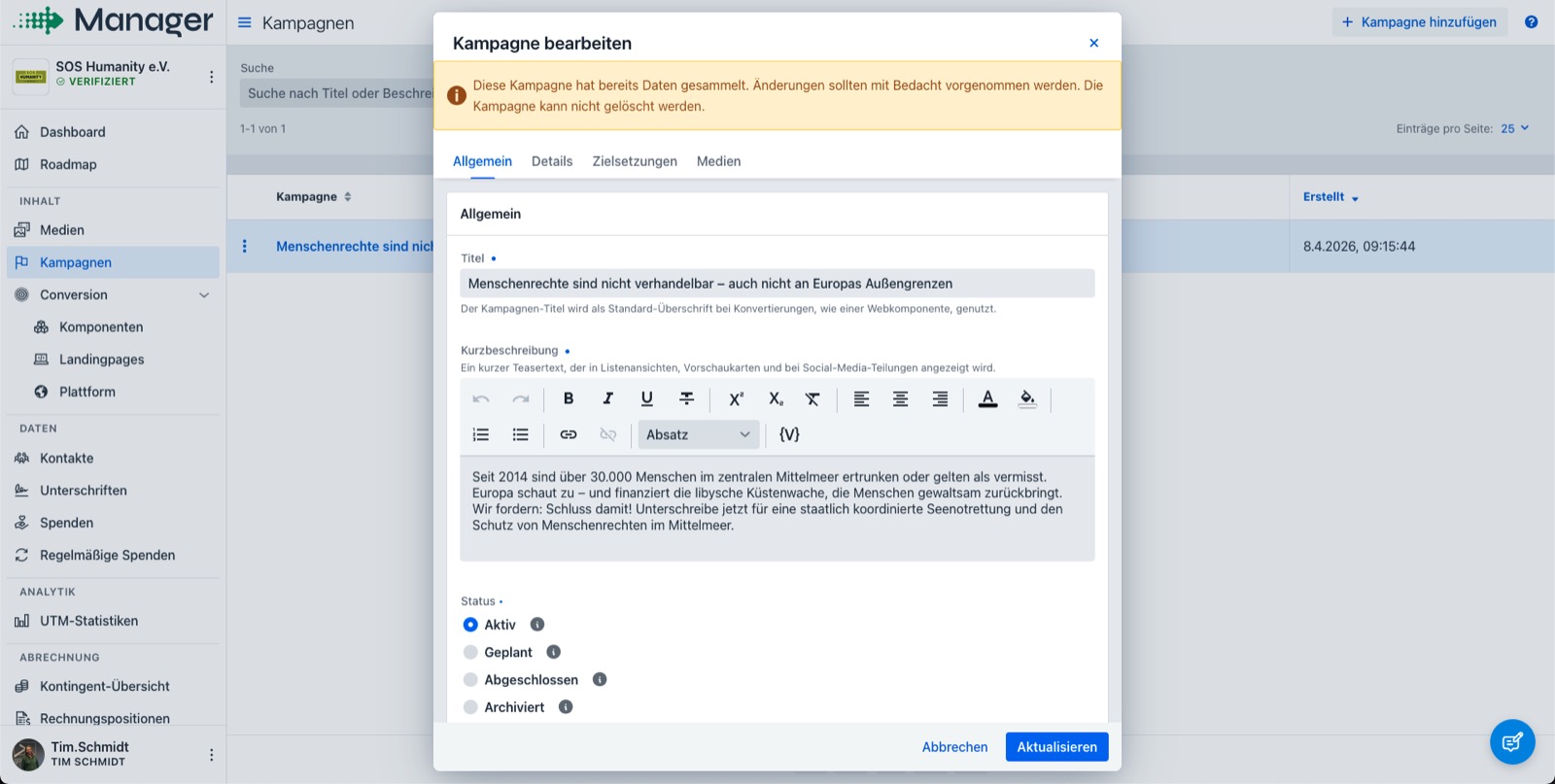 Der GoodFunds-Manager mit dem Editor für die Kampagnen-Grundinformationen der SOS-Humanity-Petition