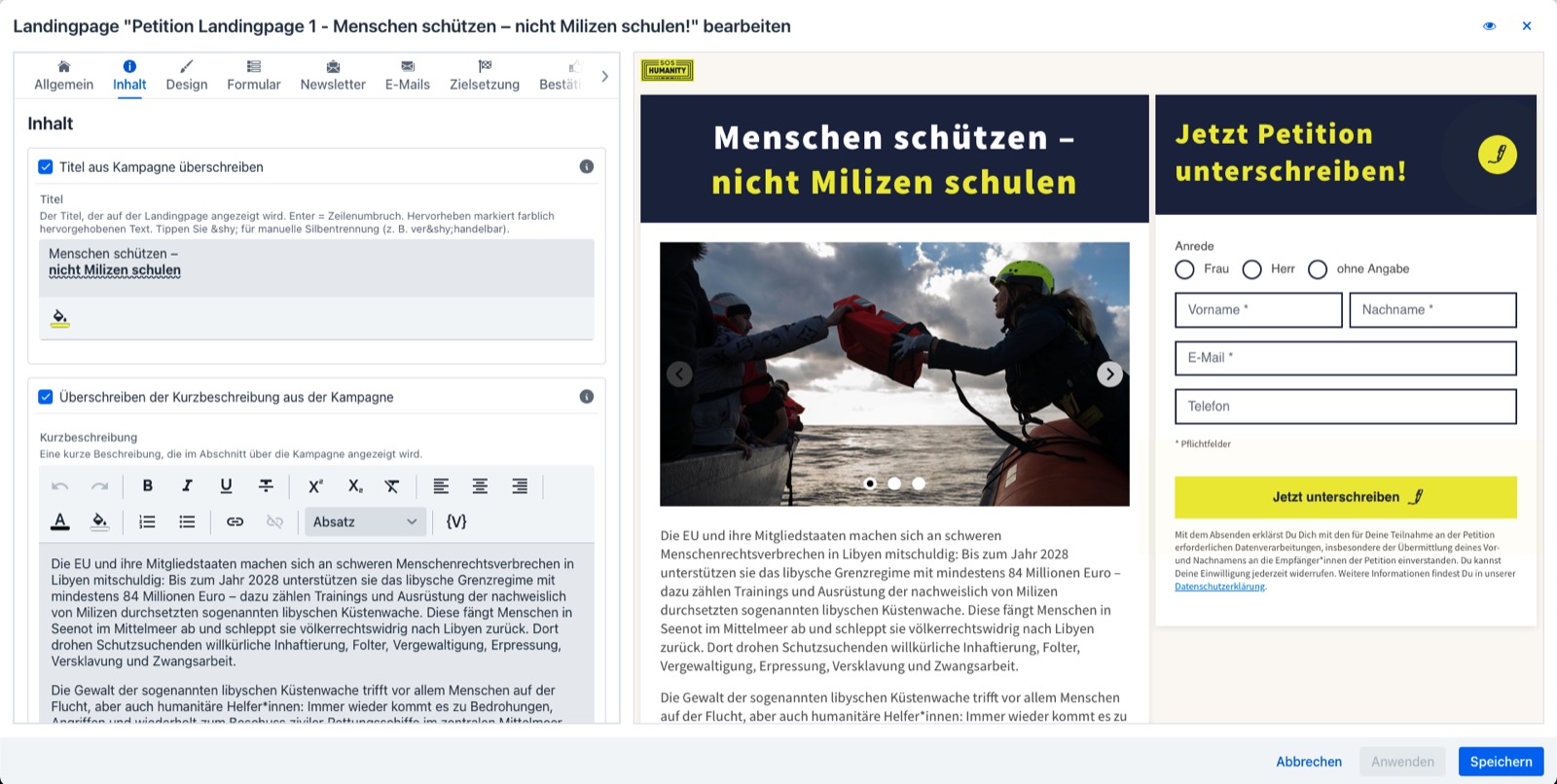 Der Landingpage-Editor von GoodFunds mit Live-Vorschau der Petitionsseite von SOS Humanity