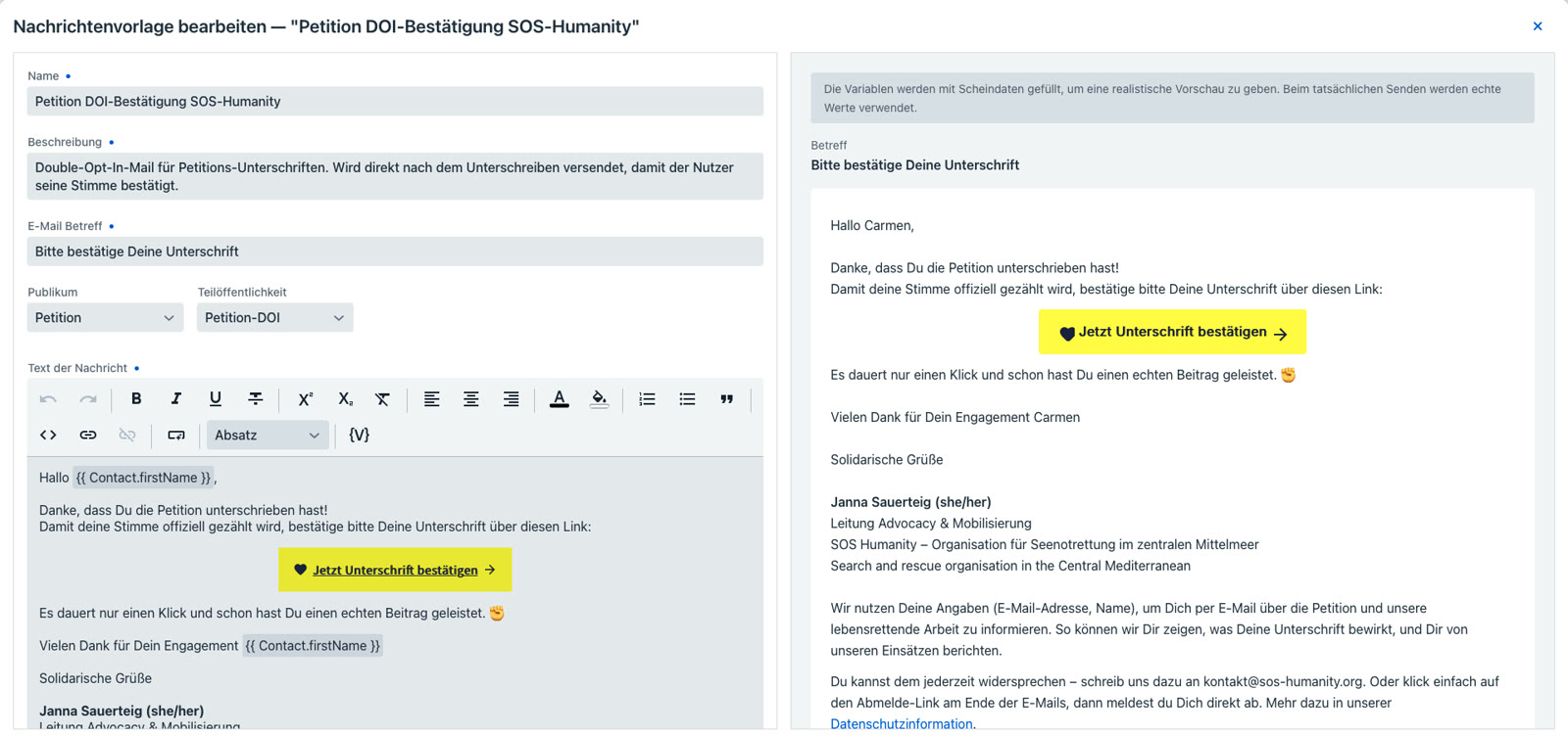 Der Editor für Nachrichtenvorlagen mit der Double-Opt-In-Bestätigungsmail und einer Live-Vorschau