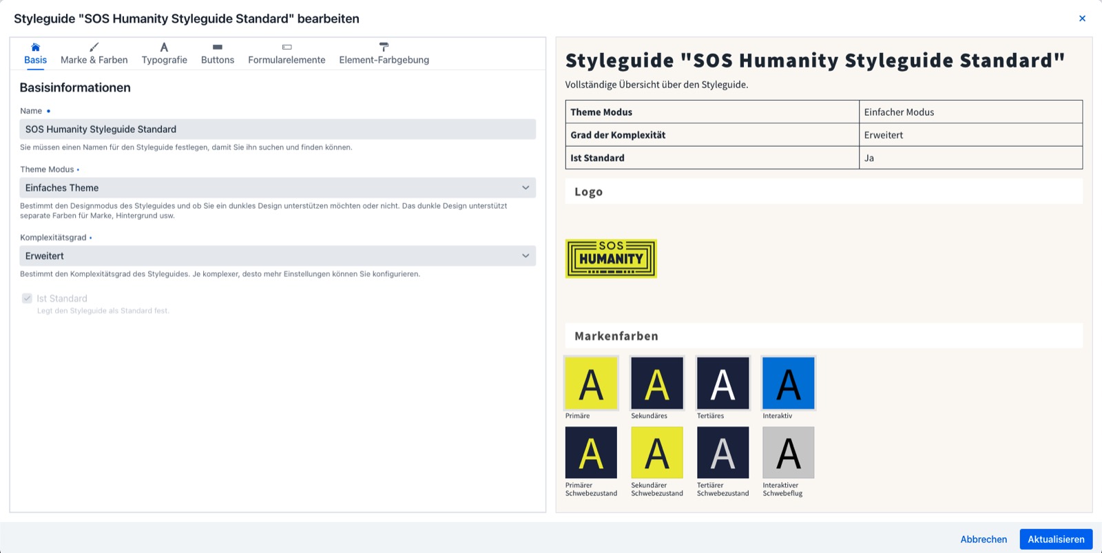 Der Styleguide-Editor von GoodFunds mit den Markenfarben und dem Logo von SOS Humanity