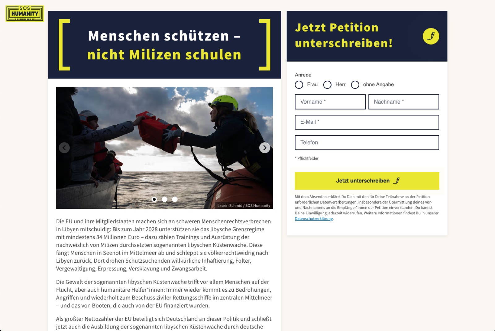 Screenshot der fertigen Petitionsseite „Menschen schützen – nicht Milizen schulen“ mit dem Unterschriften-Formular