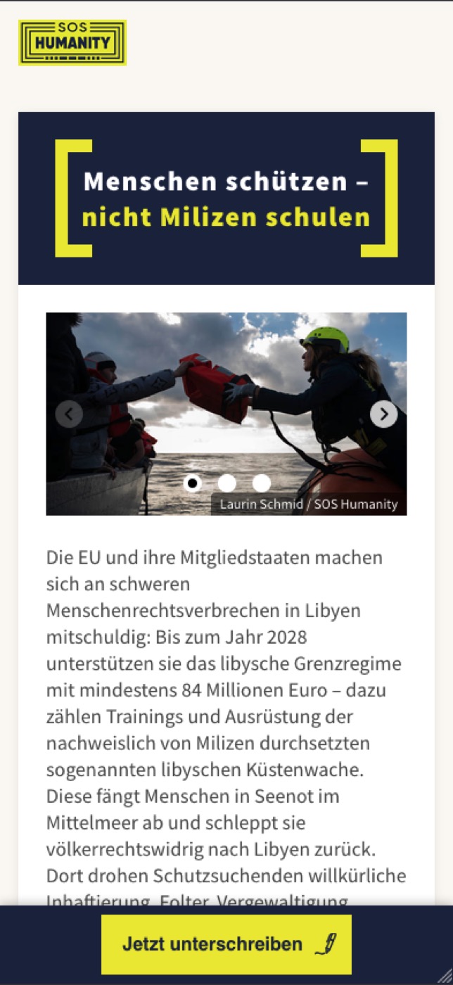 Die fertige Petitionsseite von SOS Humanity in der mobilen Ansicht auf einem Smartphone